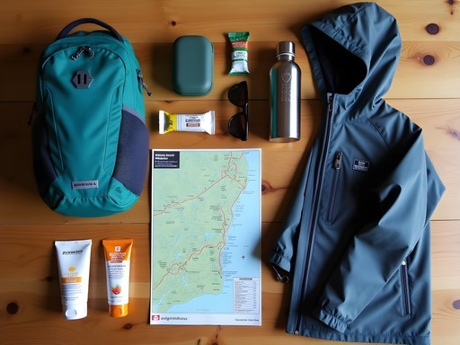 Hiking essentials for North Shore Mountains laid out next to daypack