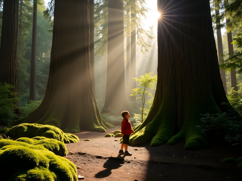 Child exploring massive old-growth trees at Cypress Falls Park