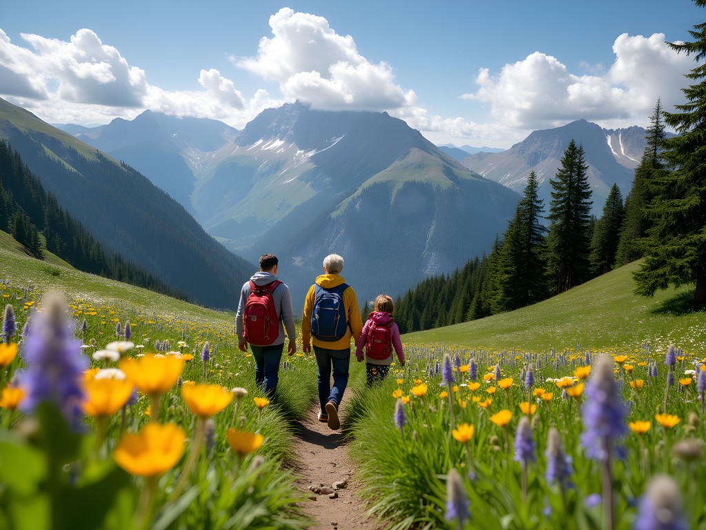 Family hiking through alpine meadows on Elfin Lakes trail