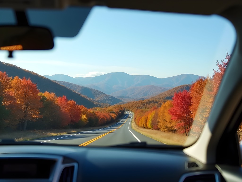First view of Blue Ridge Mountains from car window with fall foliage