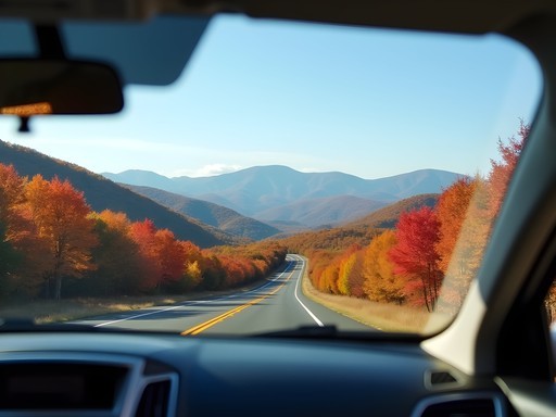 First view of Blue Ridge Mountains from car window with fall foliage