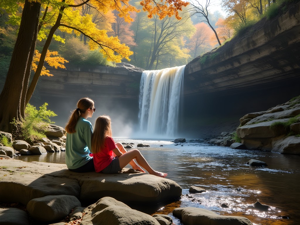 Mother and daughter meditating beside Dark Hollow Falls in Shenandoah National Park