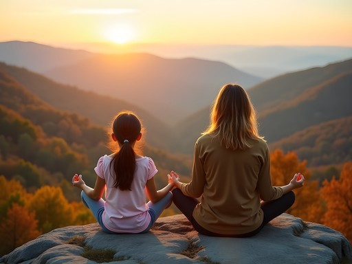Mother and daughter in meditation at Humpback Rocks overlook at sunrise
