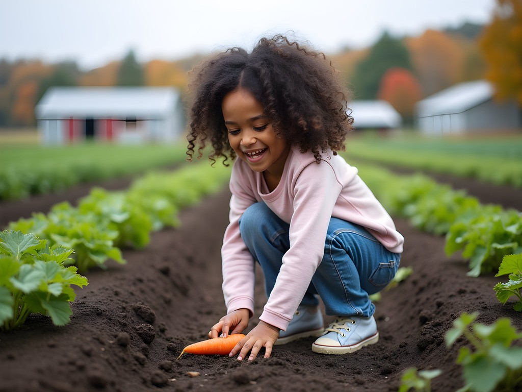Child participating in harvest workshop at New Earth Farm in Virginia Beach