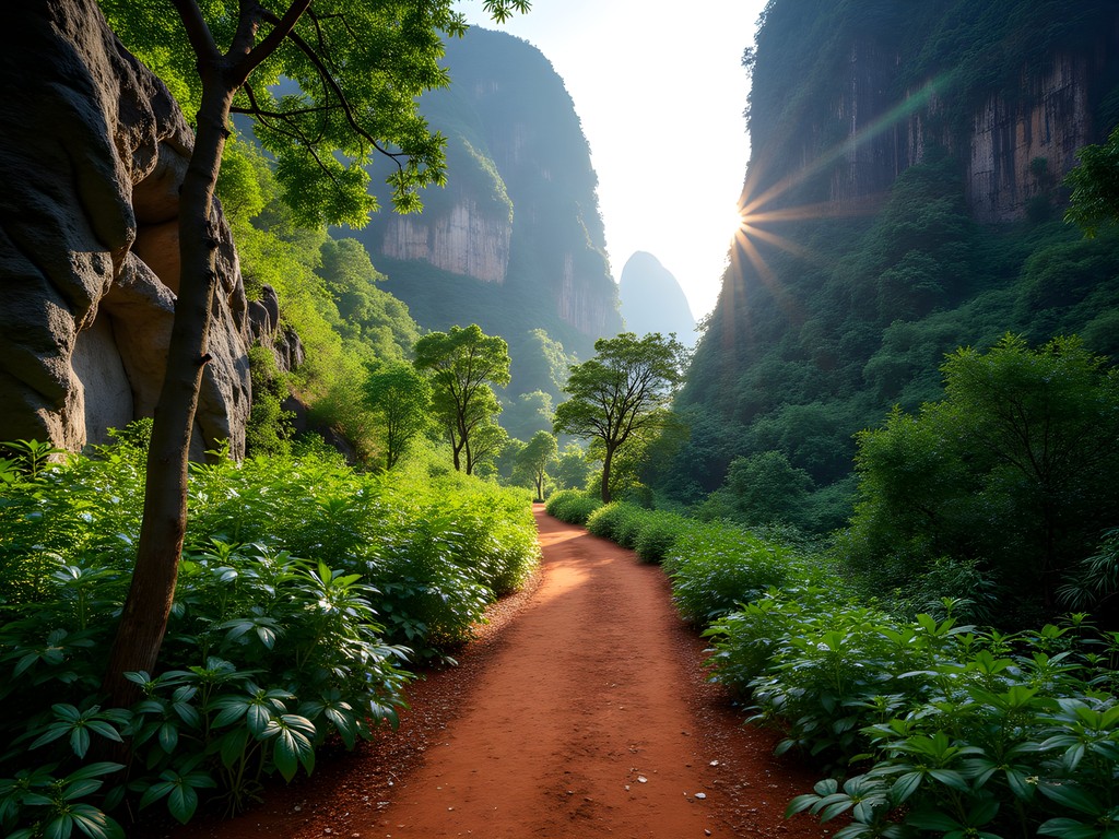 Narrow hiking trail winding between two massive mogotes in Viñales with lush vegetation
