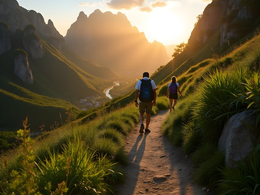 Responsible hiking through Viñales Valley with mogotes at sunset showing minimal impact trail usage