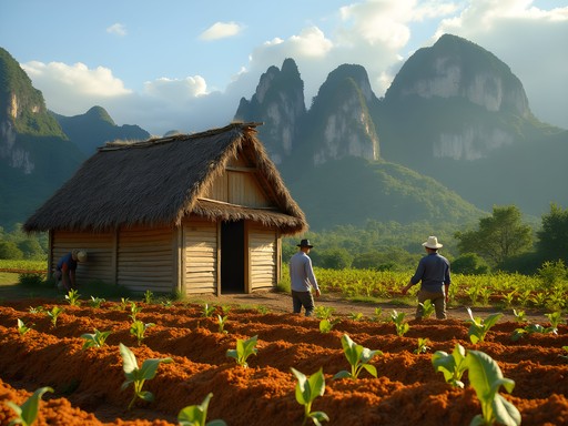 Traditional Cuban tobacco farm with drying house and mogotes rising dramatically in the background