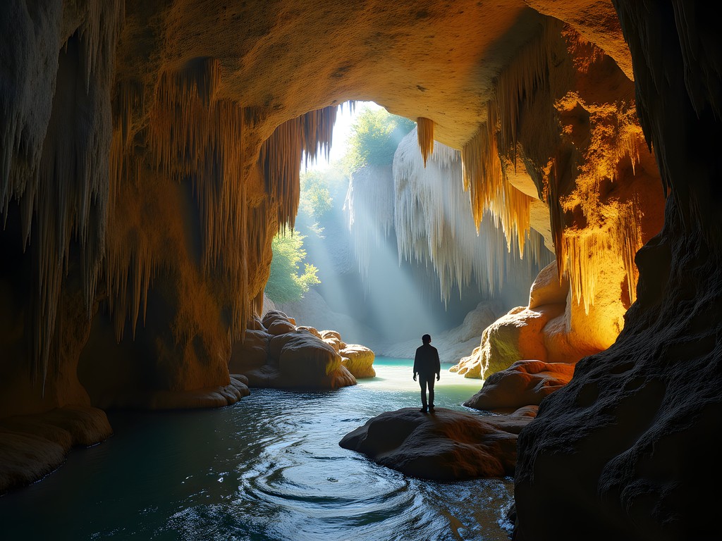 Interior of limestone cave in Viñales showing dramatic stalactites and underground river
