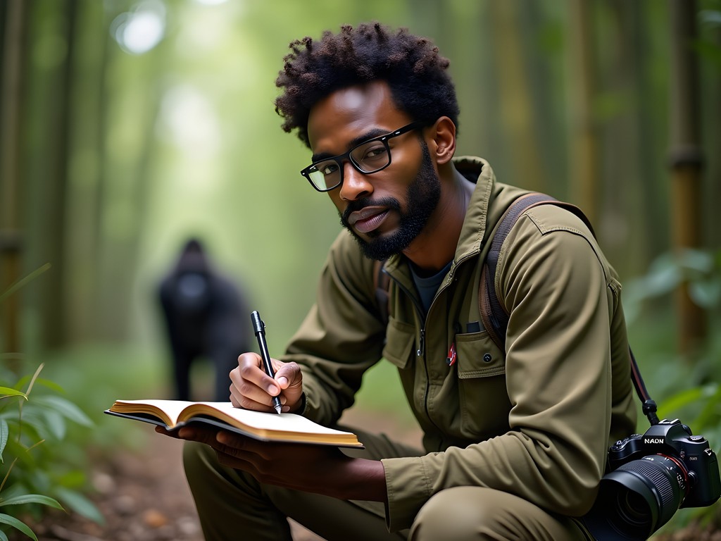 Environmental scientist Alex Ellis documenting gorilla behavior in Rwanda