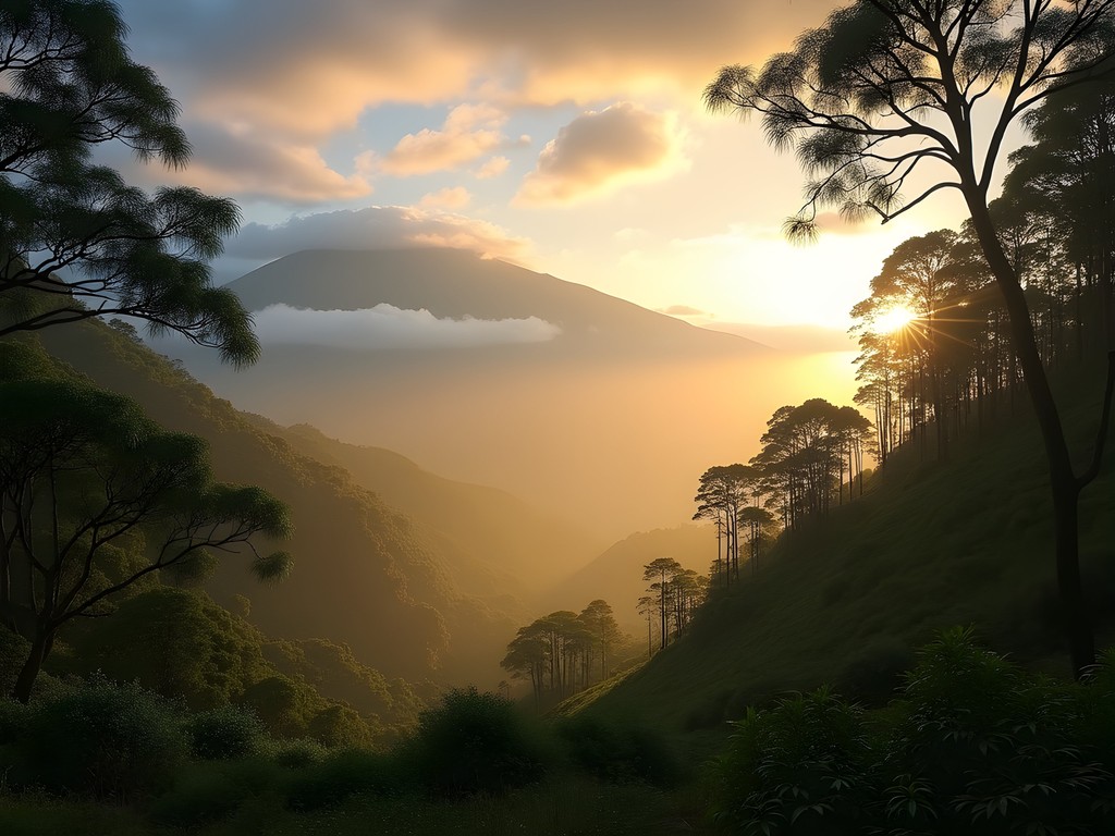 Misty morning landscape of Volcanoes National Park with volcanic peaks