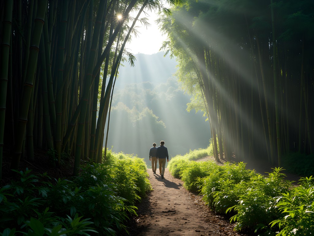 Misty mountain path through bamboo forest in Volcanoes National Park during gorilla trek