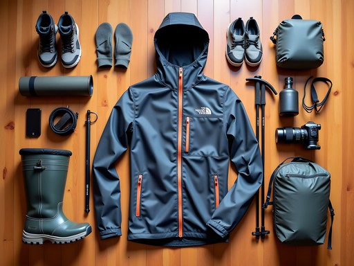 Specialized gorilla trekking gear layout including waterproof clothing and equipment
