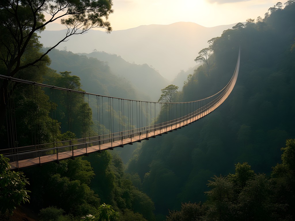 Canopy walkway in Nyungwe Forest National Park Rwanda with misty mountain views
