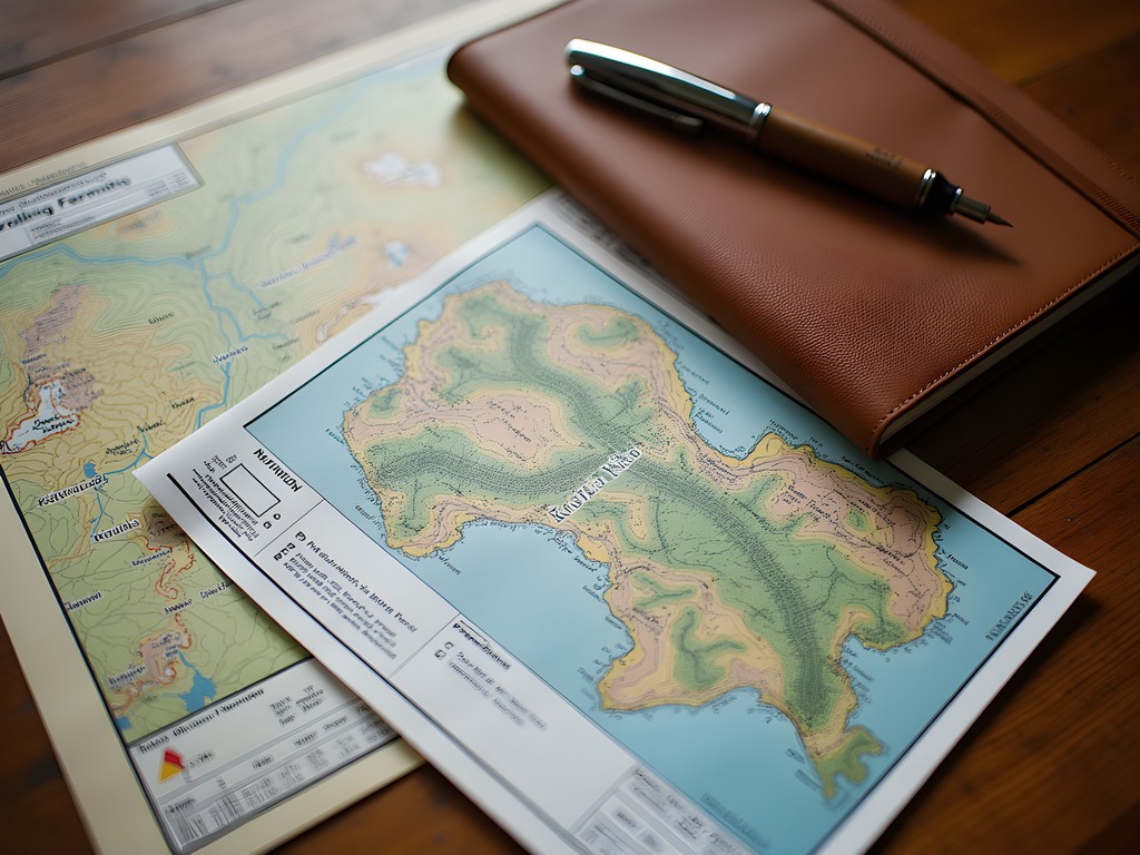 Rwanda gorilla trekking permit and planning materials on topographic map