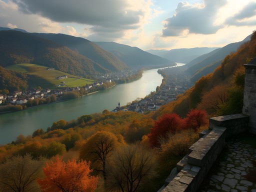 View of the Danube River from Dürnstein Castle ruins in autumn