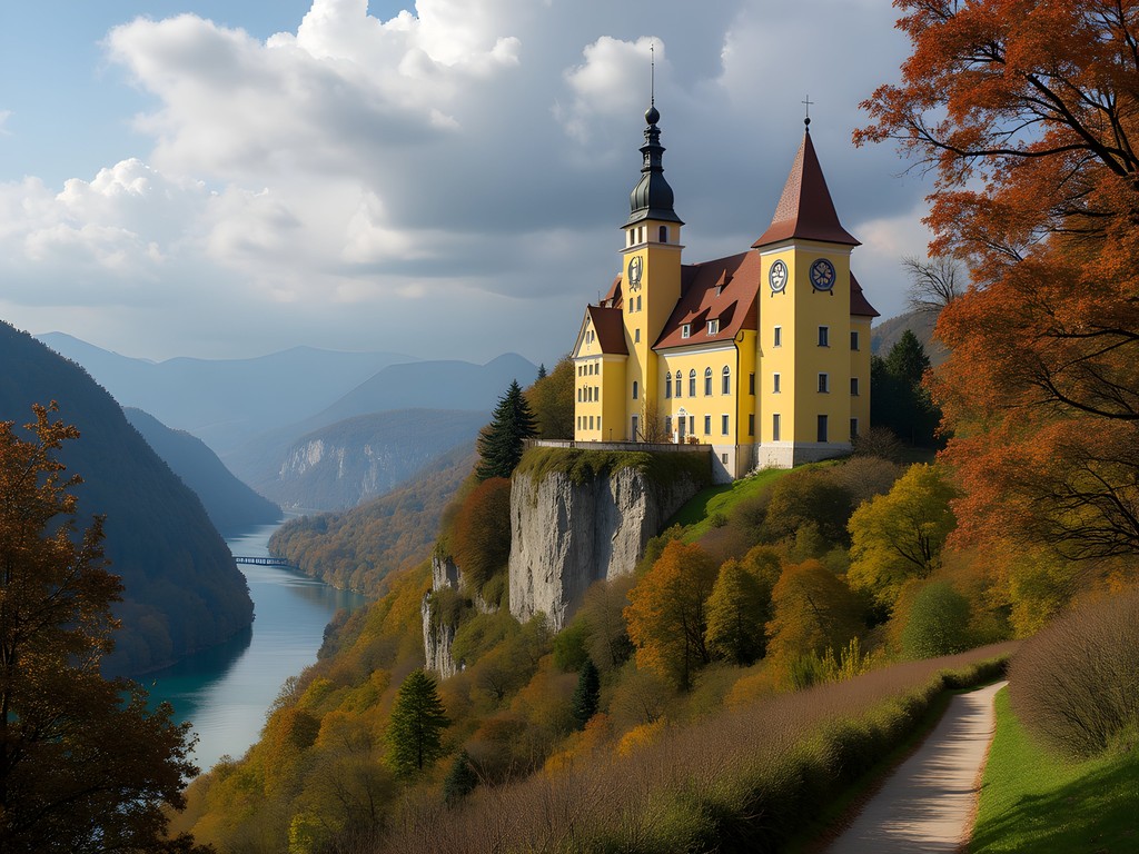 Melk Abbey glowing in autumn sunlight viewed from hiking trail