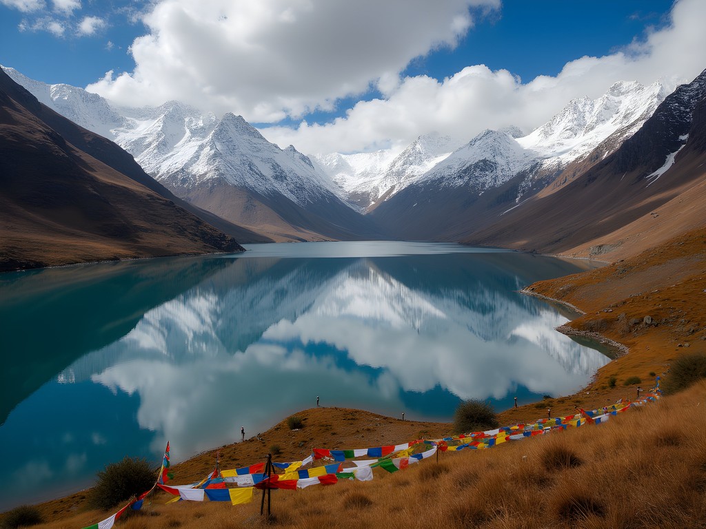 Alpine lake in Dagala region reflecting snow-capped mountains with prayer flags in foreground