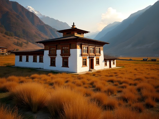 Traditional Bhutanese farmhouse with mountains and autumn colors in Gangtey Valley