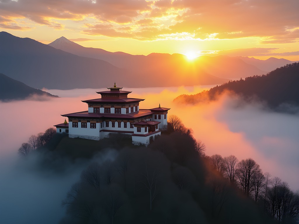 Wangdue Phodrang Dzong fortress emerging from morning mist with mountains in background