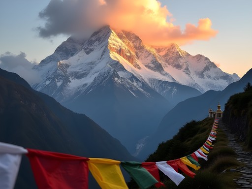Prayer flags fluttering against dramatic mountain backdrop in Wangdue region at sunrise