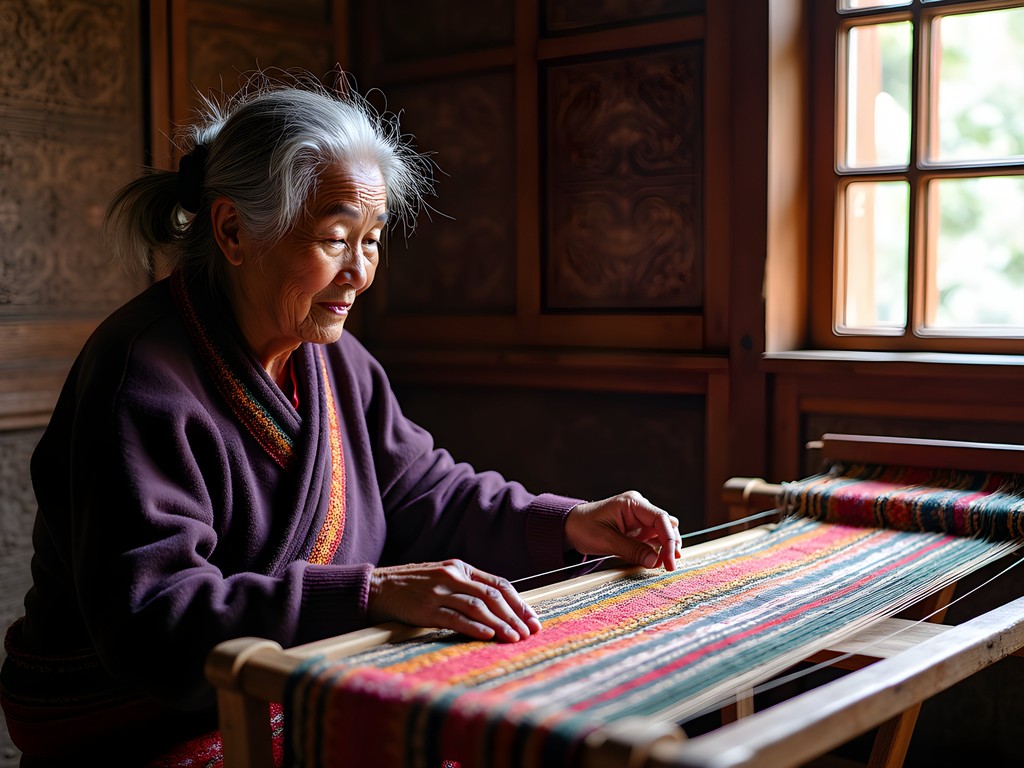 Bhutanese woman weaving colorful textile on traditional backstrap loom in Wangdue village