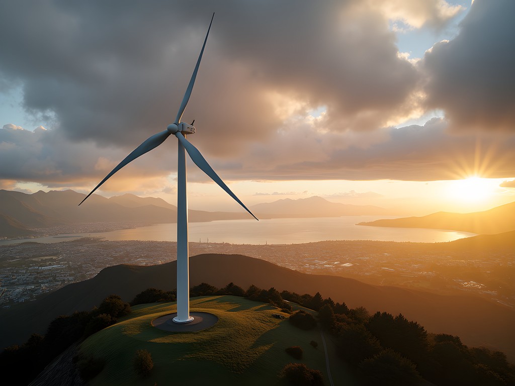 Brooklyn Wind Turbine silhouetted against dramatic Wellington sky with harbor views