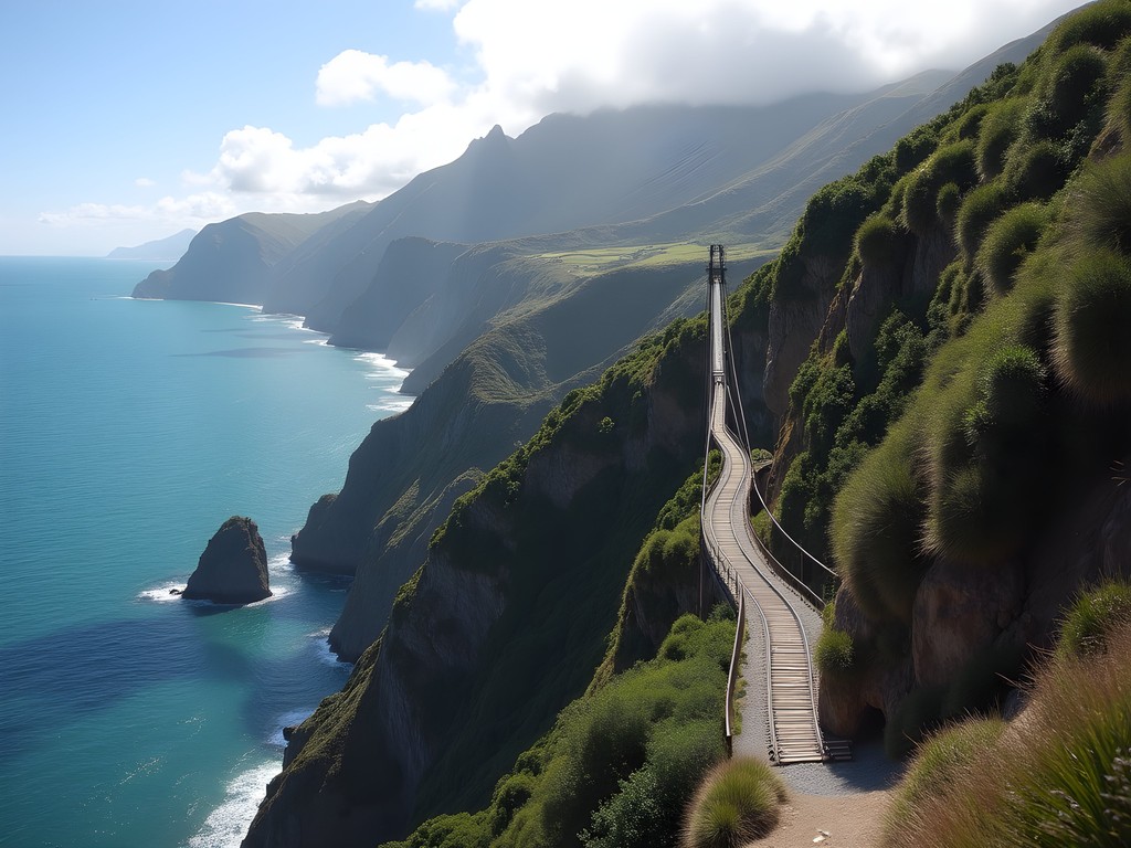 Dramatic coastal view from Paekakariki Escarpment Track showing swing bridge and Kapiti Island