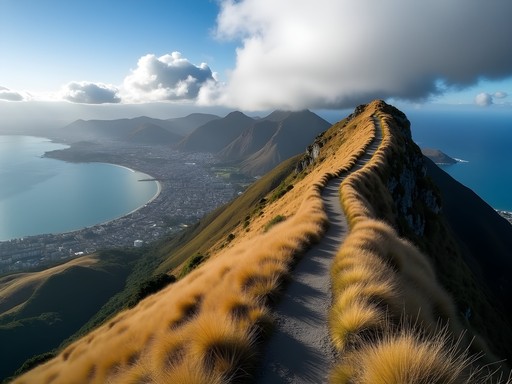 Hiker on Wellington's Skyline Walkway with panoramic views of city, harbor and mountains