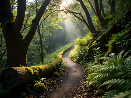 Lush forest trail on Te Ahumairangi Hill with dappled sunlight filtering through native trees