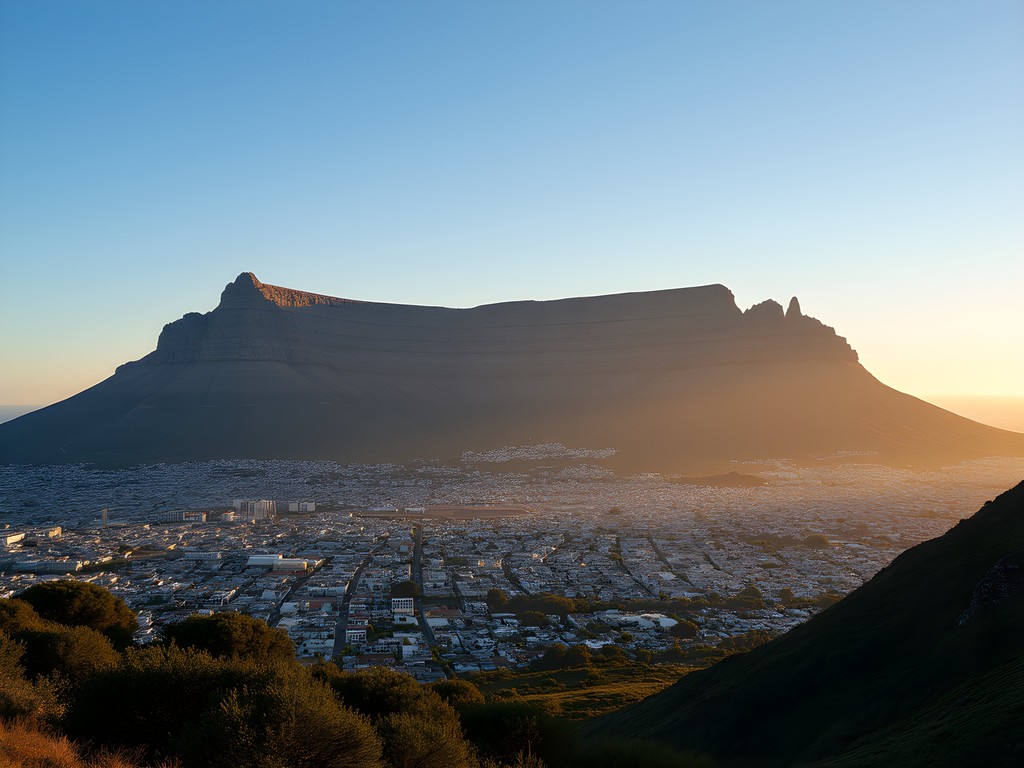 Panoramic view of Table Mountain and Cape Town at sunrise