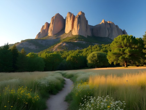 Morning light on Boulder's Flatirons with hiking trail