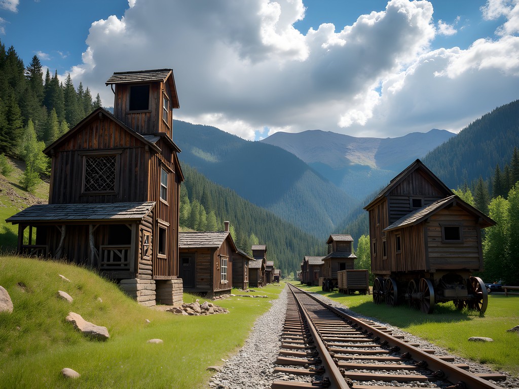 Historic mining structures in Idaho Springs with mountain backdrop