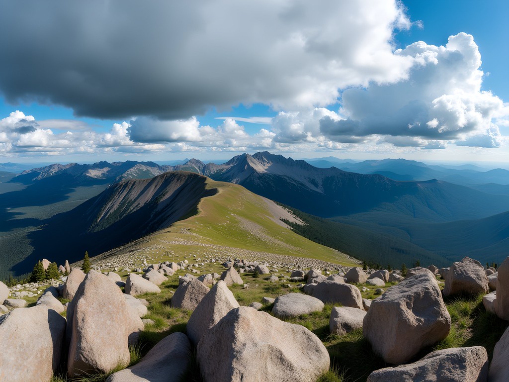 Panoramic view from Mount Evans summit showing multiple mountain ranges