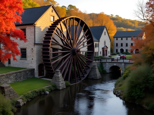 Historic waterwheel at Hagley Museum surrounded by fall foliage