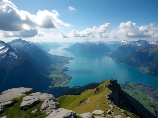 Panoramic view from Mount Rigi showing multiple Swiss lakes and Alpine peaks