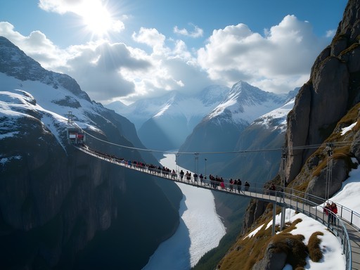 Titlis Cliff Walk suspension bridge spanning across Alpine chasm with glacier views