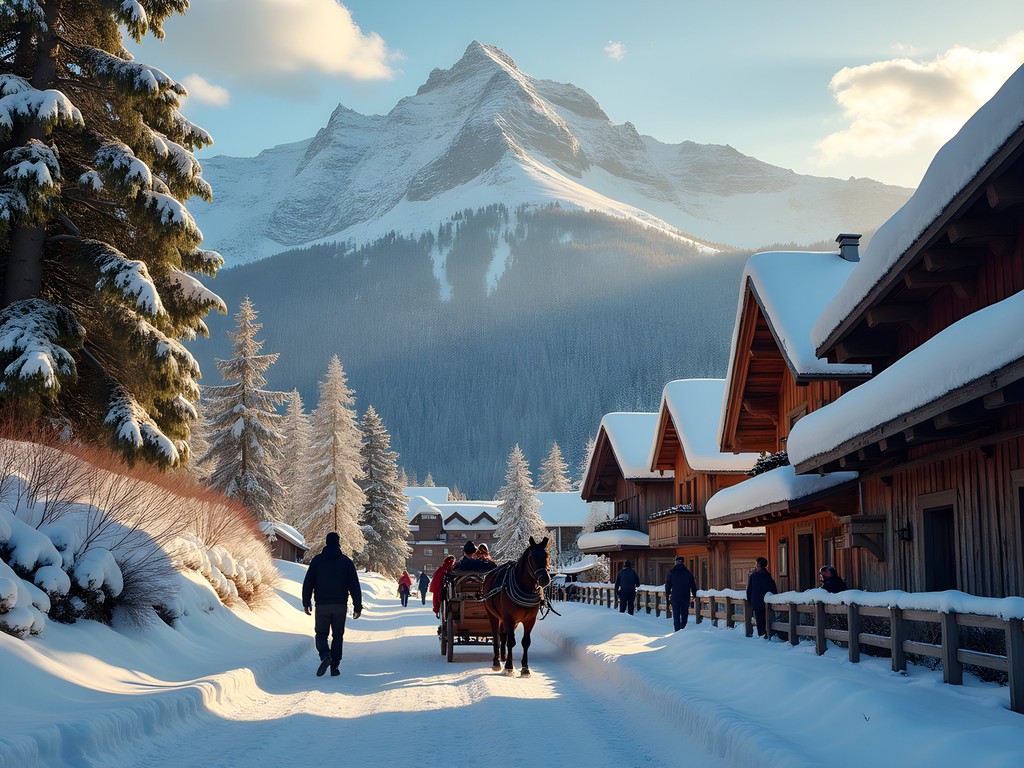 Snow-covered traditional wooden chalets in car-free Braunwald village with mountain backdrop