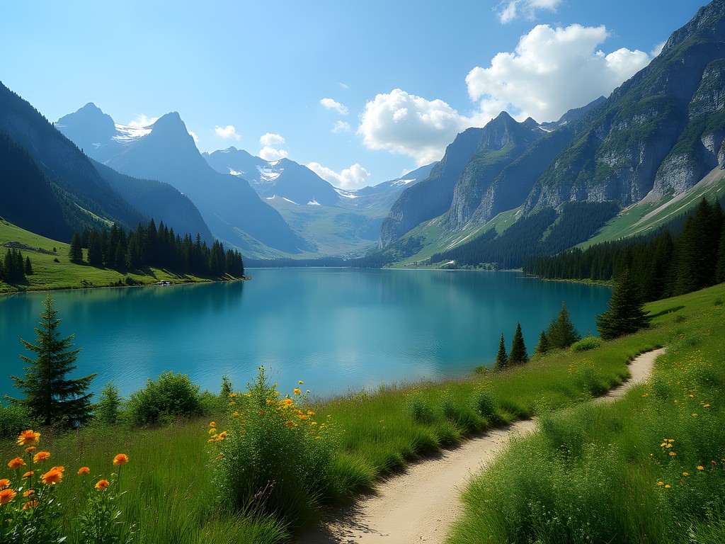 Hiker on Flumserberg's Five Lake Trail with alpine lake and mountain views