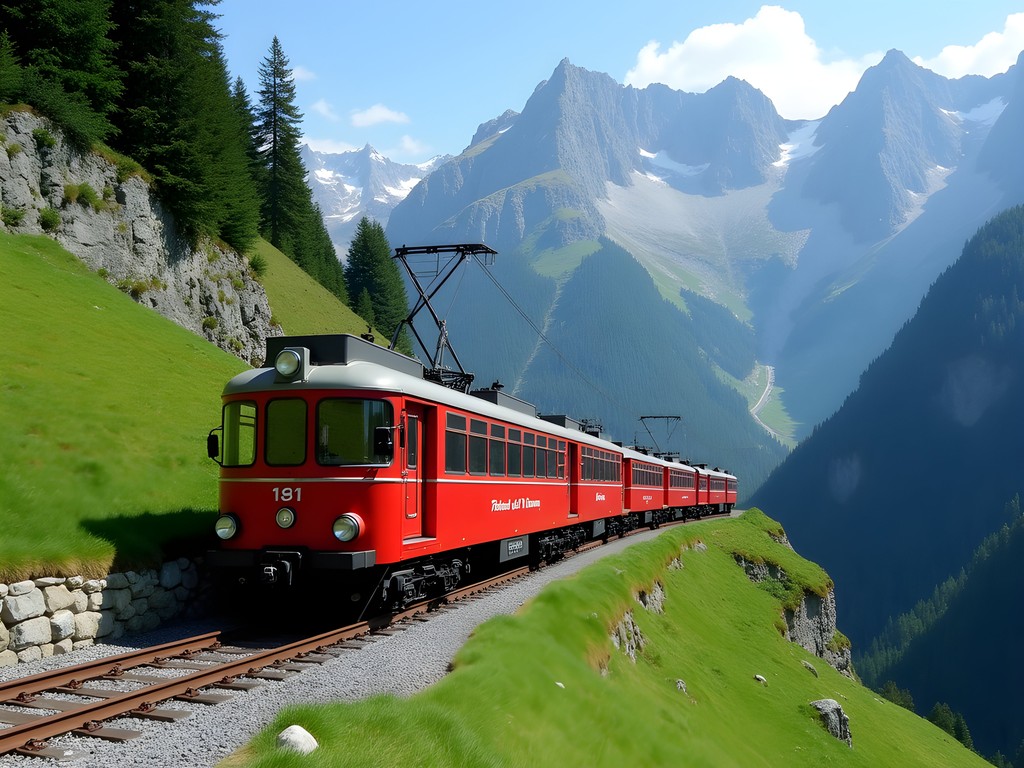 The historic Pilatus cogwheel railway climbing through Alpine landscape