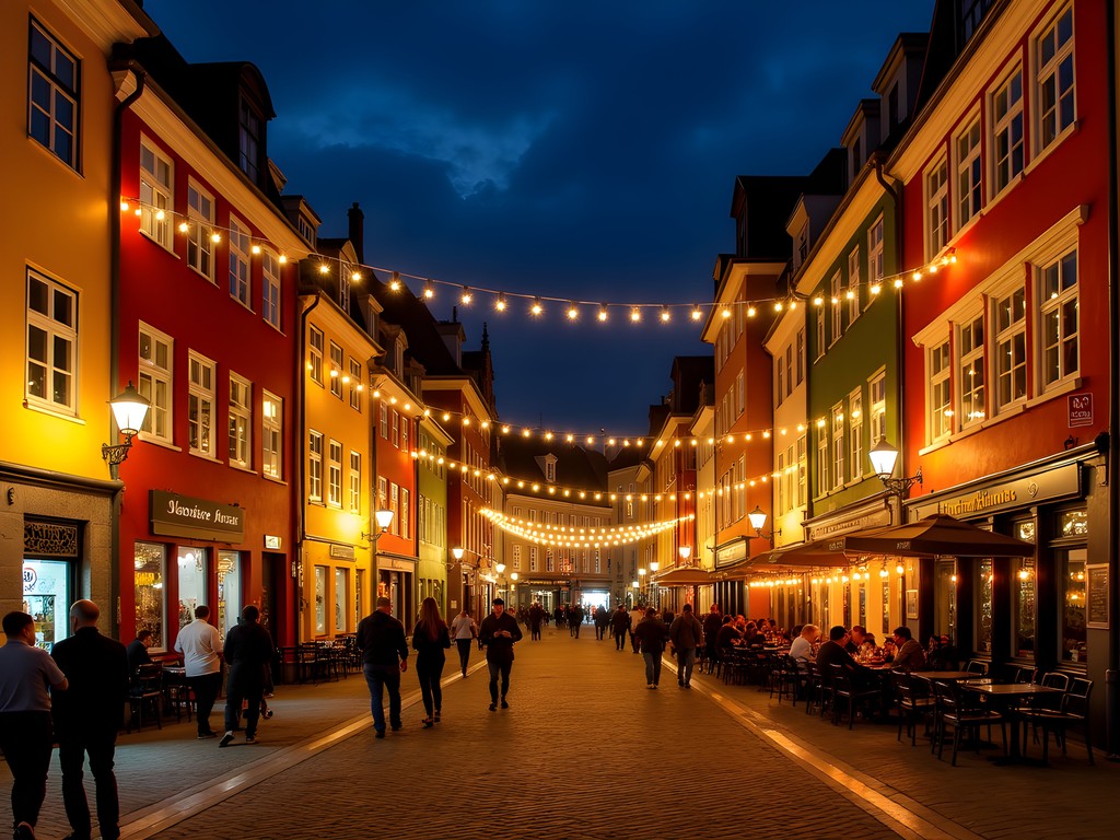 Colorful buildings and lively bars in Aarhus Latin Quarter at night