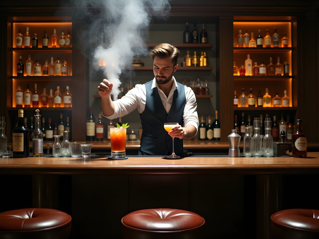 Elegant speakeasy-style bar in Abu Dhabi with bartender preparing craft cocktails