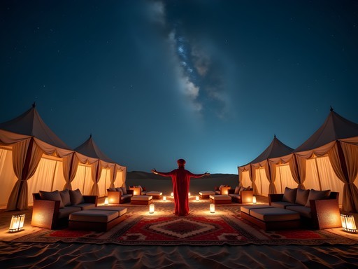Luxury desert camp in Abu Dhabi at night with traditional entertainment and starry sky
