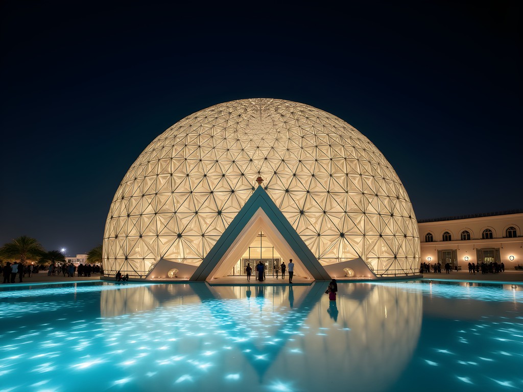 Louvre Abu Dhabi illuminated at night with its iconic dome creating light patterns
