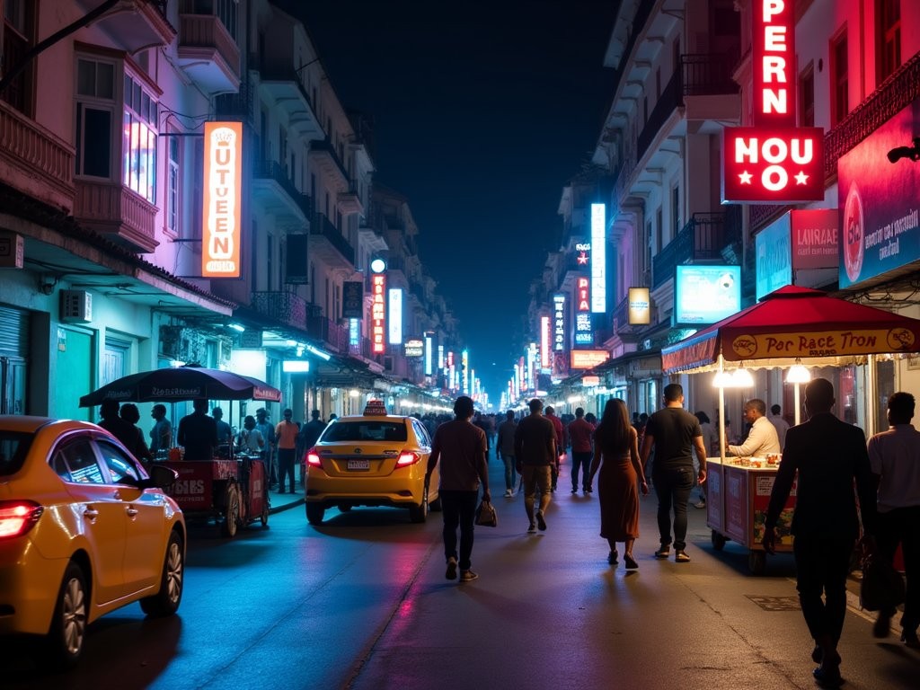 Vibrant street scene in Osu district of Accra at night with neon lights and crowds