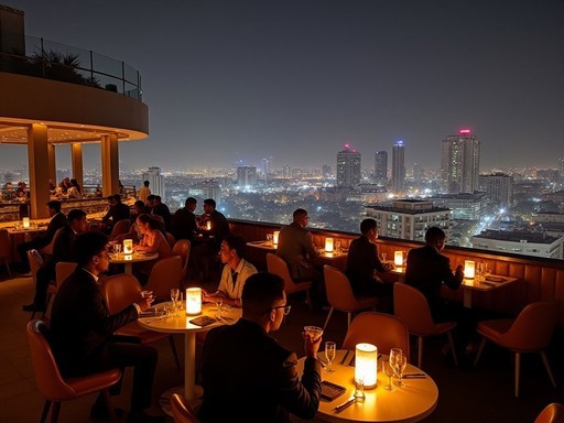 Man enjoying rooftop view of Accra skyline at night from Skybar 25