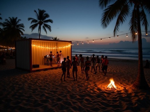 Underground electronic music event on Labadi Beach in Accra at night