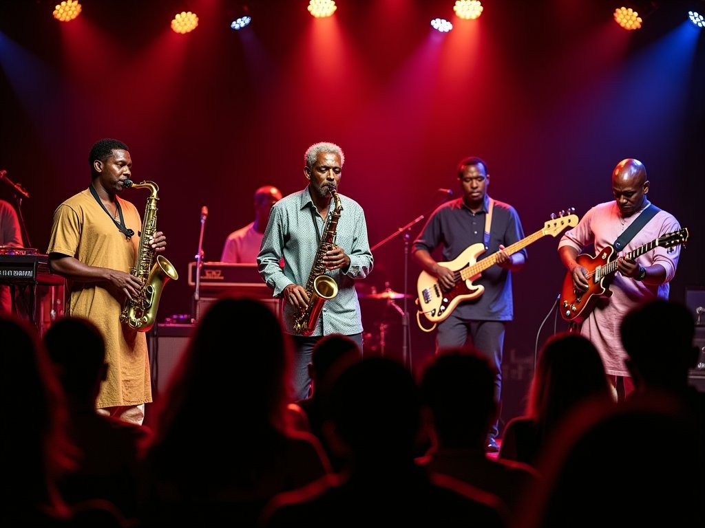Live highlife band performing at +233 Jazz Bar in Accra with brass section and enthusiastic audience