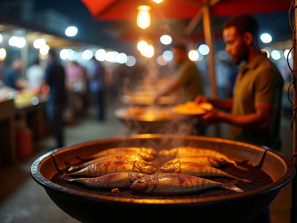 Vibrant late-night street food scene in Osu district of Accra with grills and vendors