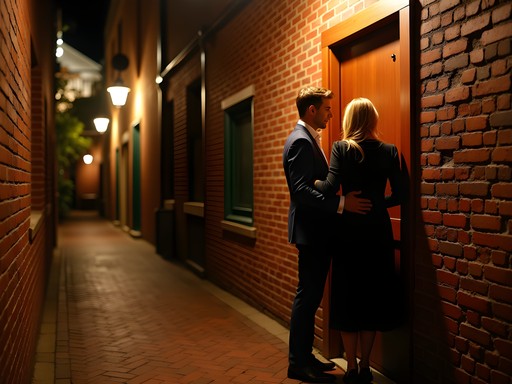 Couple discovering Maybe Mae's hidden entrance in Adelaide