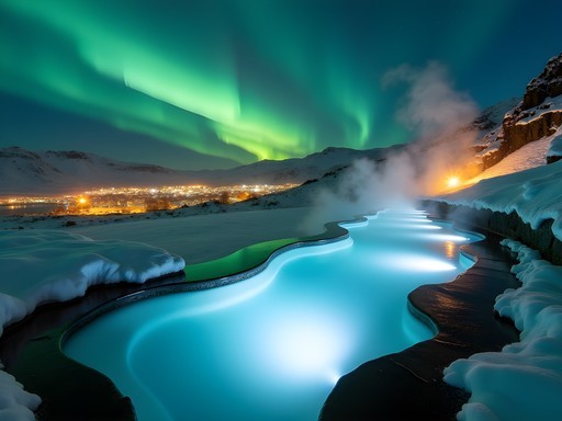 Forest Lagoon geothermal pools in Akureyri with northern lights overhead and snow-covered mountains
